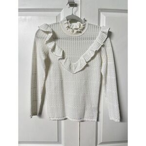 Sandro Paris White Ruffle Pointelle Knit Long Sleeve Top S2071H-11